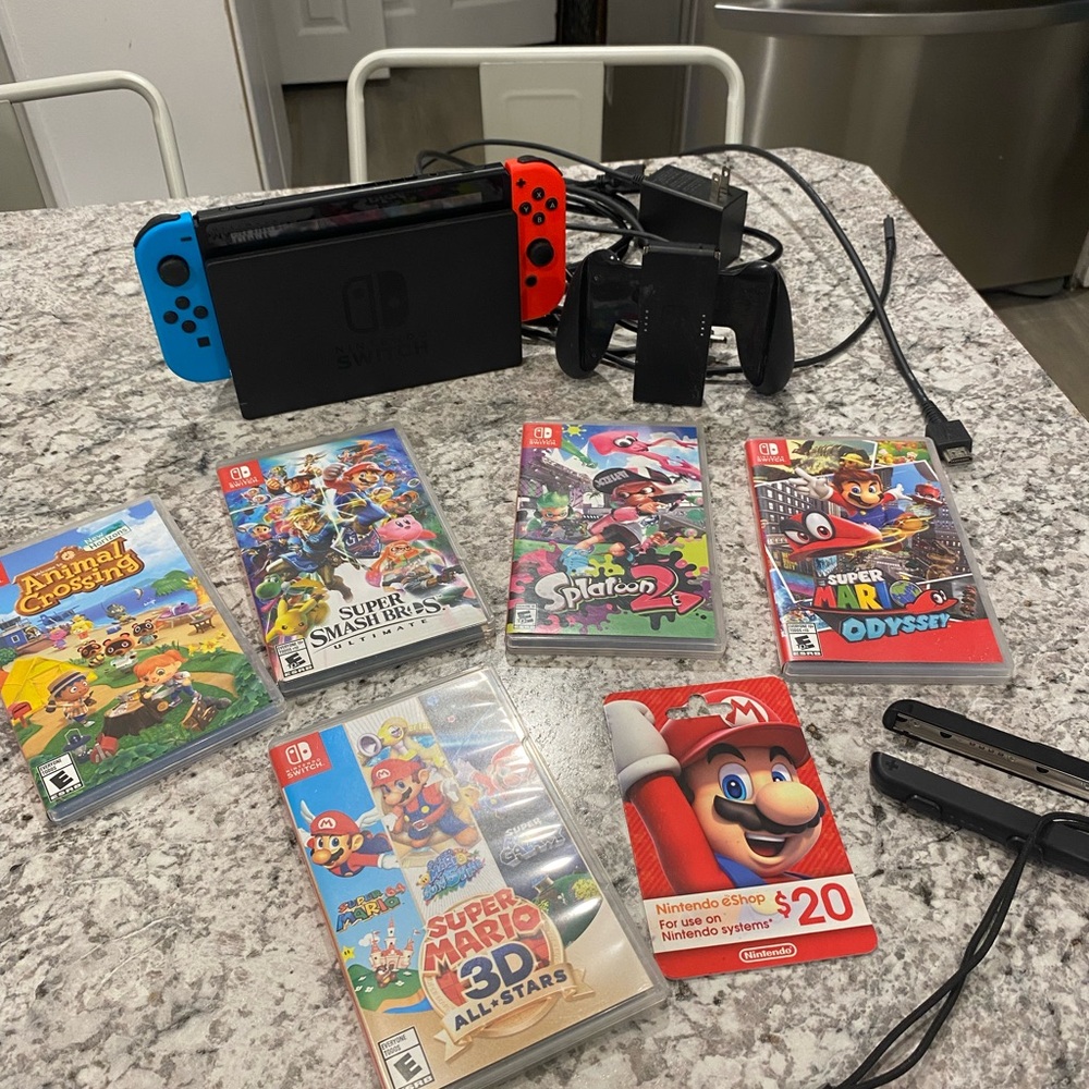 Nintendo Switch with Neon Red & Neon Blue Joy‑Con, Dock and 6 Games